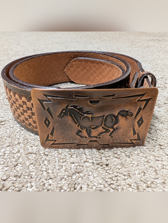 Justin Womens 34 Textured Brown Leather Belt Horse Buckle Brass Cowgirl Western main image 9